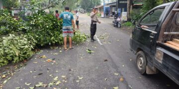 Menjaga Situasi Tetap Kondusif, Bhabinkamtibmas Amankan Kegiatan Pemangkasan Pohon Perindang