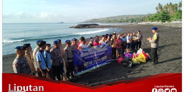 Polairud Polres Karangasem Bersinergi Bersih Pantai Jelang HUT Polairud Ke-73 Tahun 2023