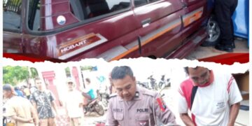 Sebuah Minibus Oleng Tabrak Toko dan Pemotor di Sumberberas, Satu Orang Luka-luka Satu Lagi Patah Kaki Kanan